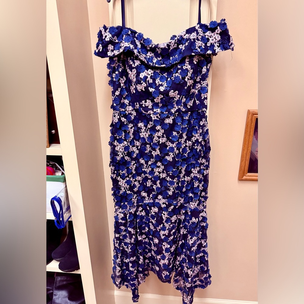 Xscape Navy Blue Floral Off-Shoulder Maxi Dress